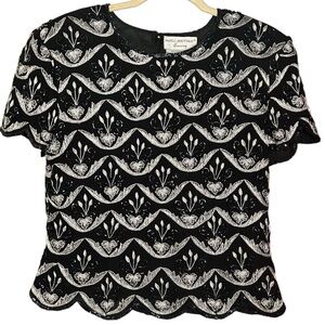 Vintage Papell Boutique Evening Silk Embroidered and Beaded Blouse Size L